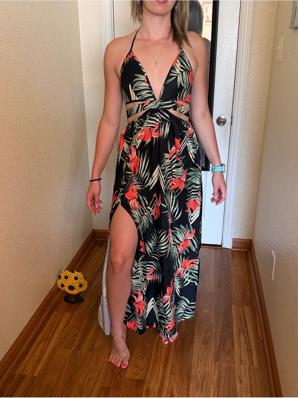 SHEIN Black and Red Leaf Print Maxi Dress